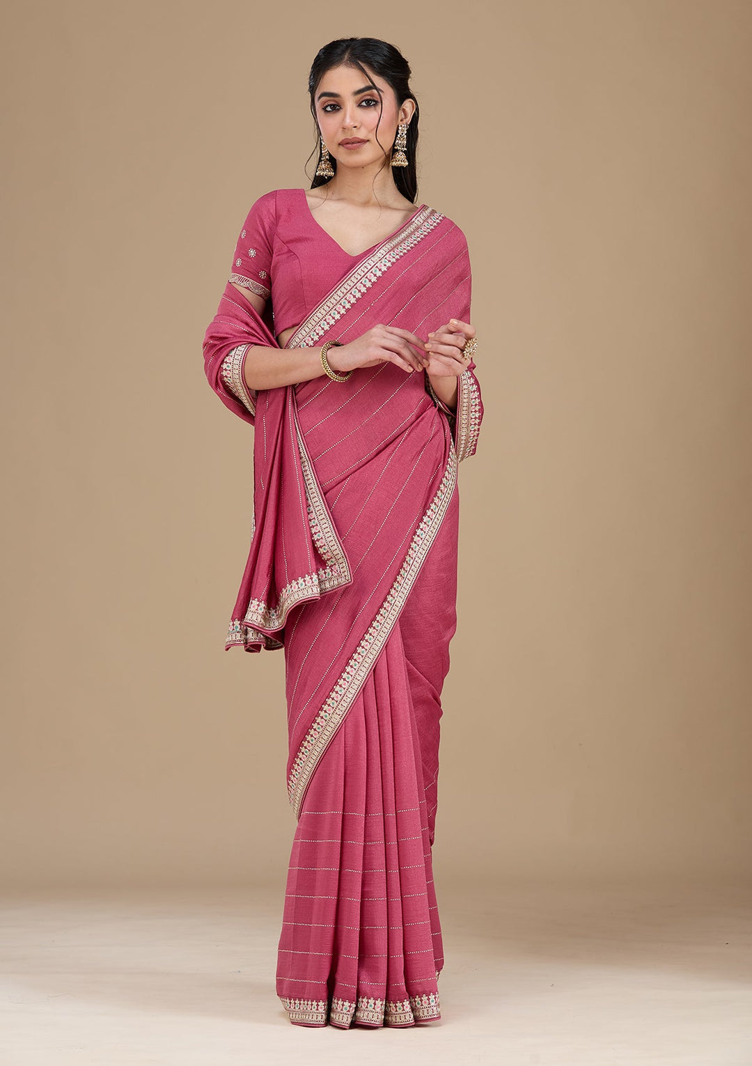 Onion Pink Zariwork (Silver) Soft Raw Silk Saree_koskii