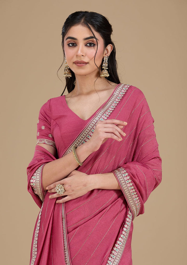 Onion Pink Zariwork (Silver) Soft Raw Silk Saree_koskii