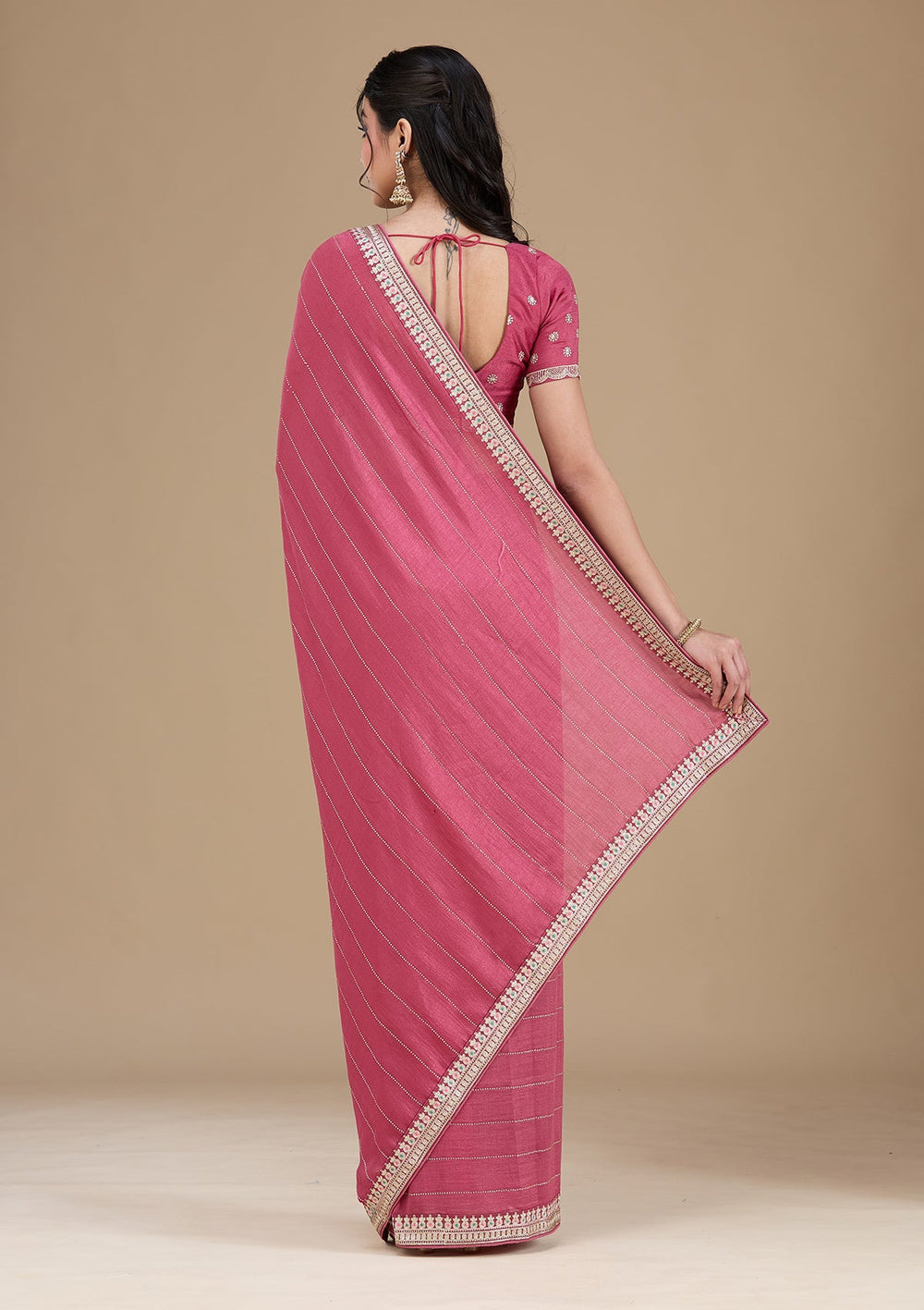 Onion Pink Zariwork (Silver) Soft Raw Silk Saree_koskii