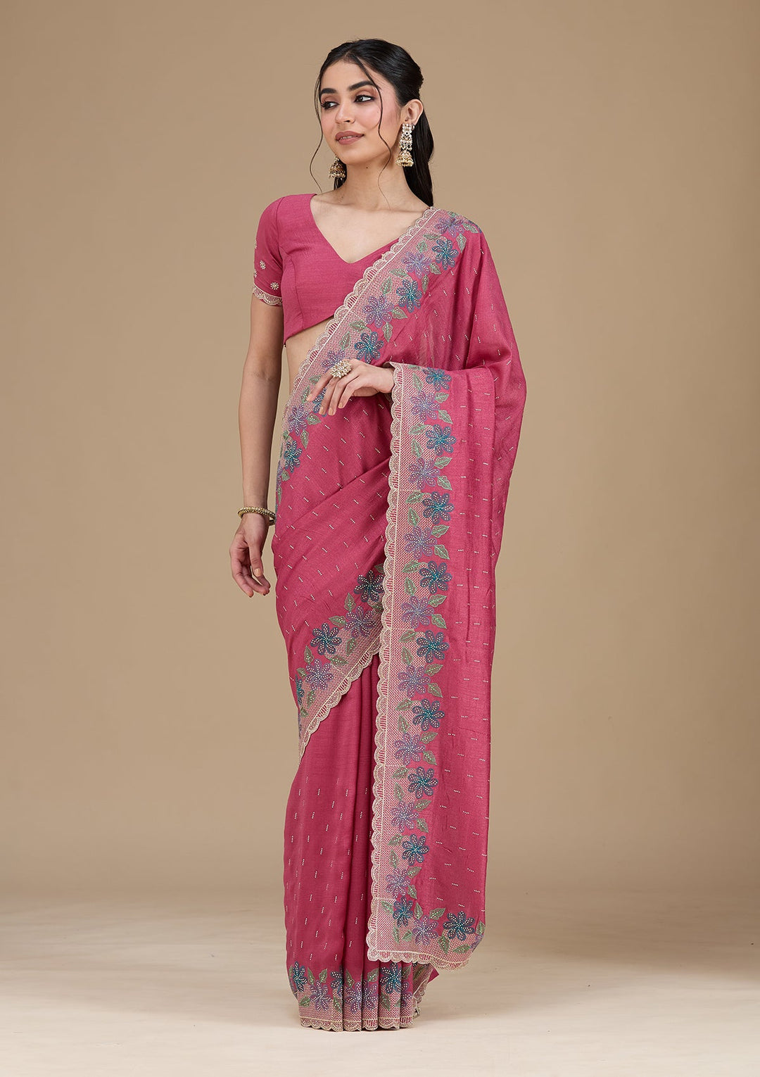 Onion Pink Threadwork Soft Raw Silk Saree_koskii
