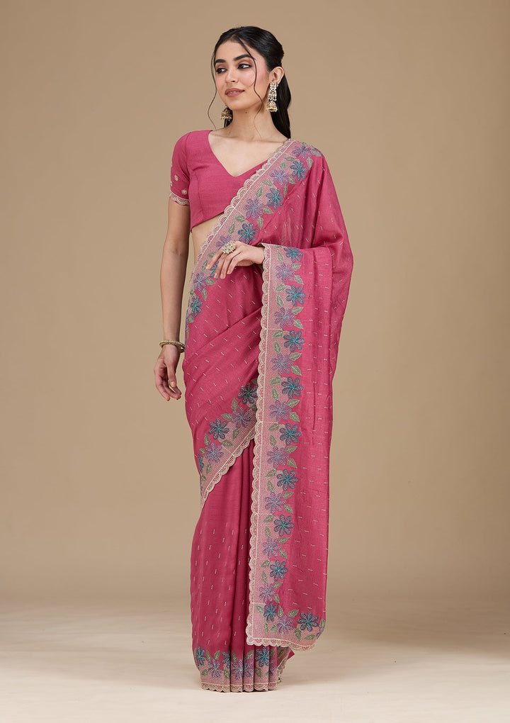Onion Pink Threadwork Soft Raw Silk Saree_koskii