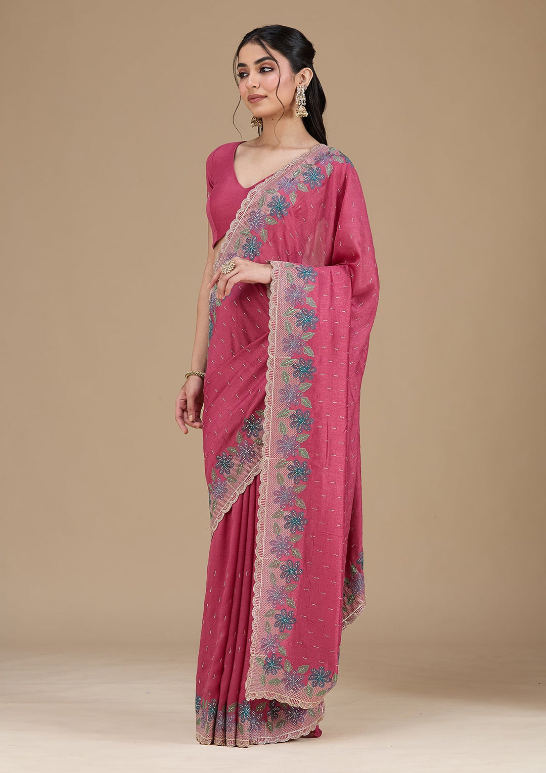 Onion Pink Threadwork Soft Raw Silk Saree_koskii