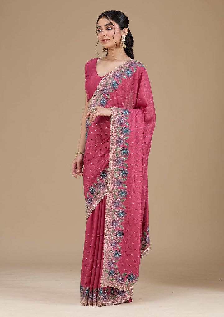 Onion Pink Threadwork Soft Raw Silk Saree_koskii