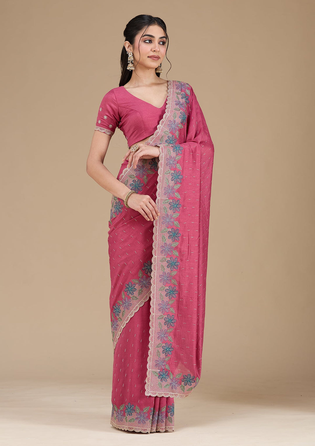 Onion Pink Threadwork Soft Raw Silk Saree_koskii