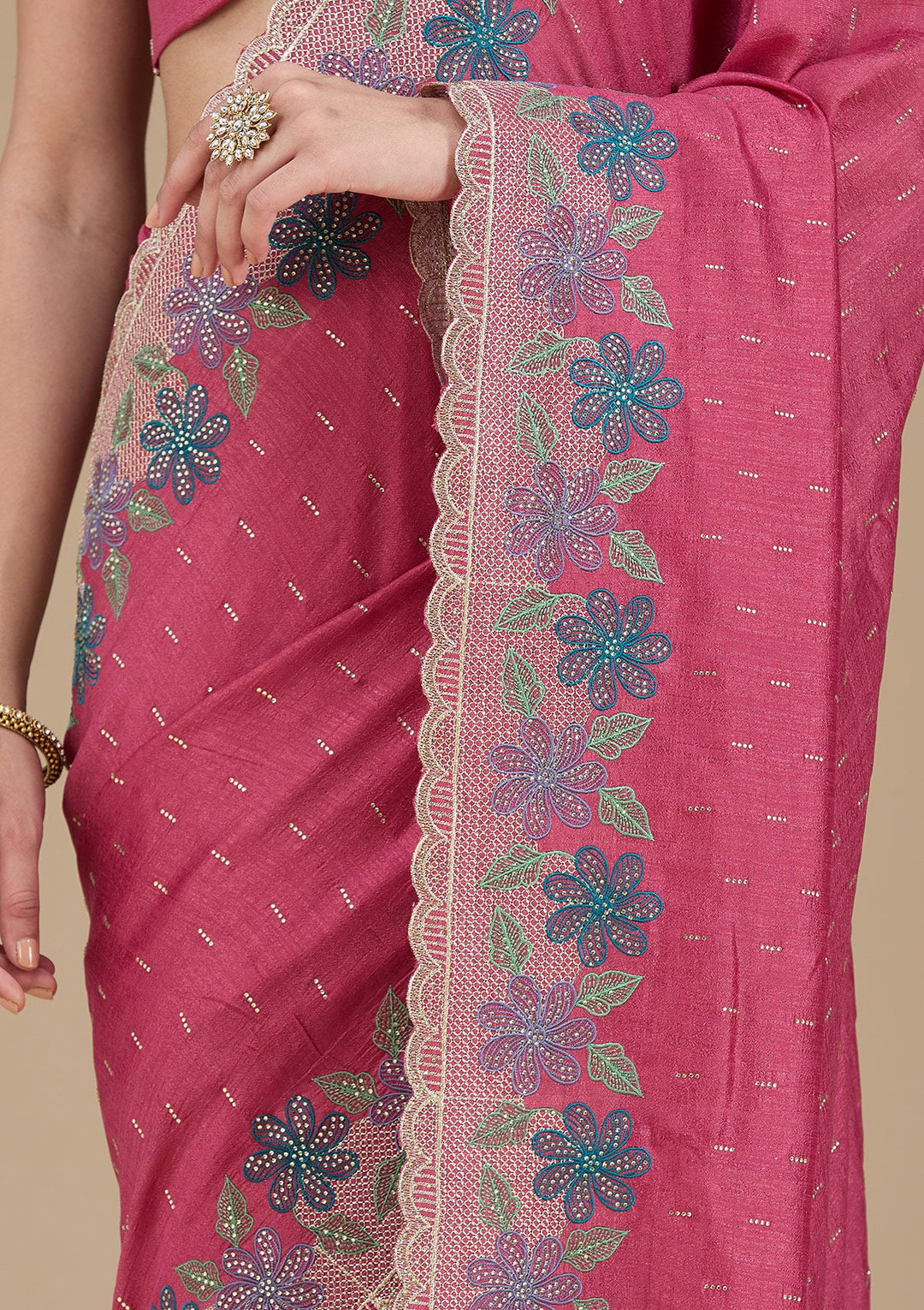 Onion Pink Threadwork Soft Raw Silk Saree_koskii