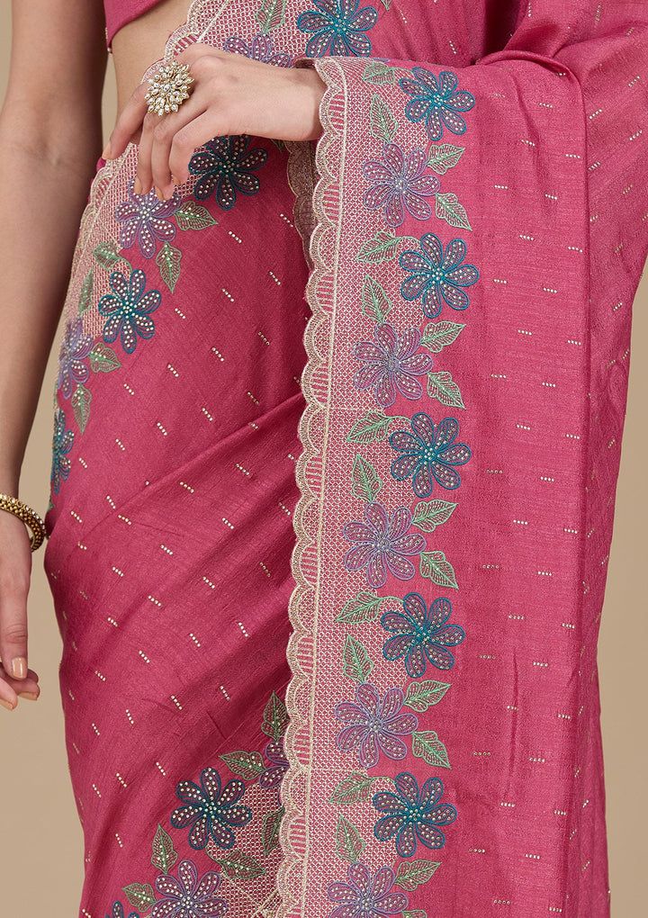 Onion Pink Threadwork Soft Raw Silk Saree_koskii