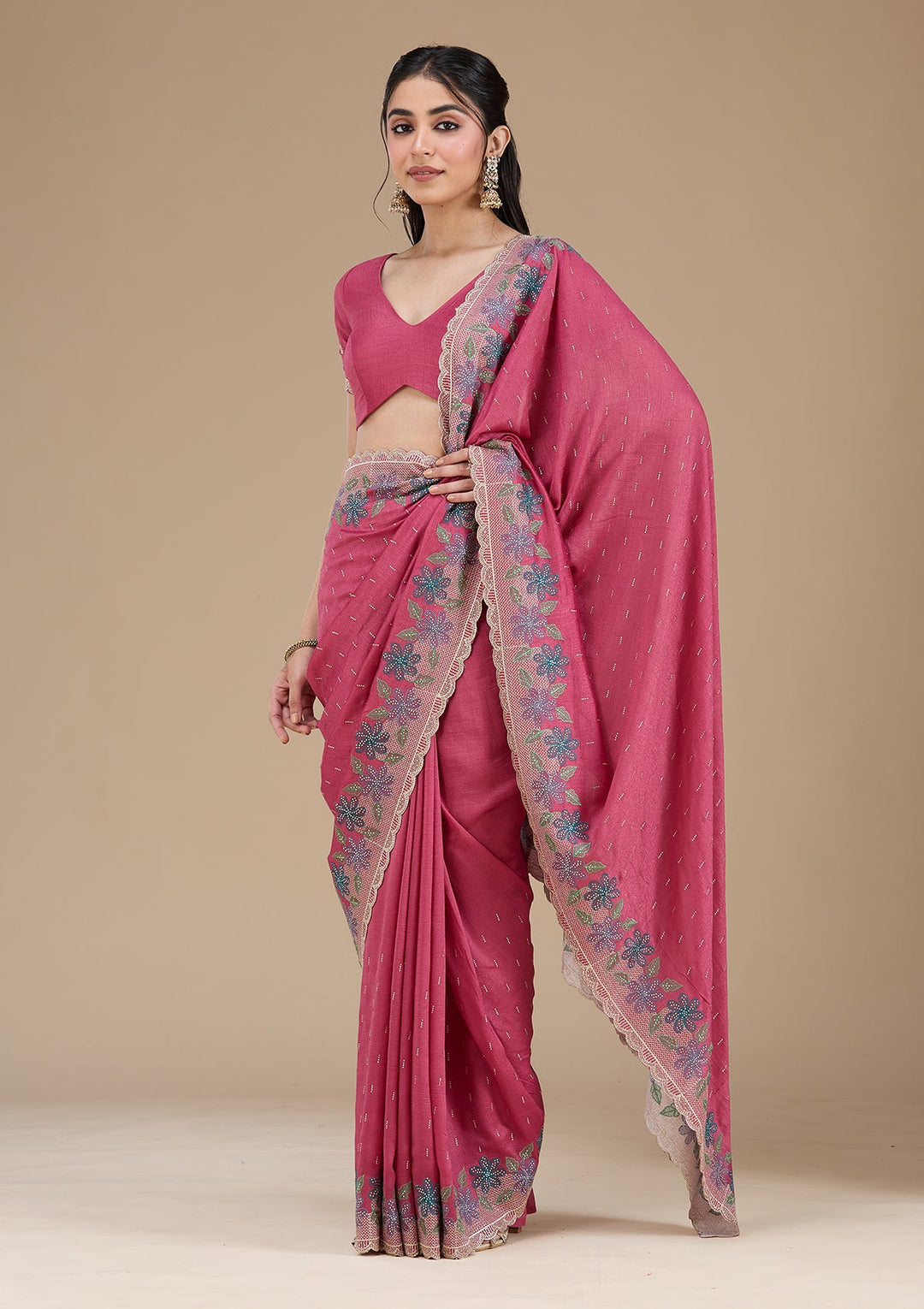 Onion Pink Threadwork Soft Raw Silk Saree_koskii
