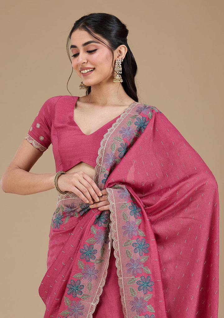 Onion Pink Threadwork Soft Raw Silk Saree_koskii