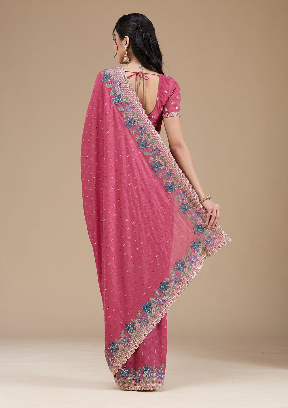 Onion Pink Threadwork Soft Raw Silk Saree_koskii