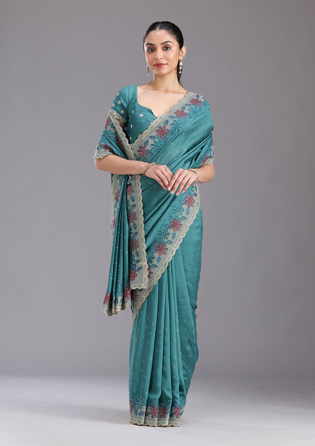 Sea Green Threadwork Soft Raw Silk Saree-koskii