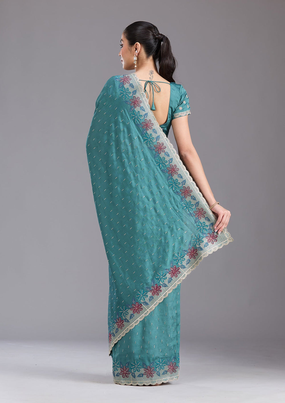 Sea Green Threadwork Soft Raw Silk Saree-koskii