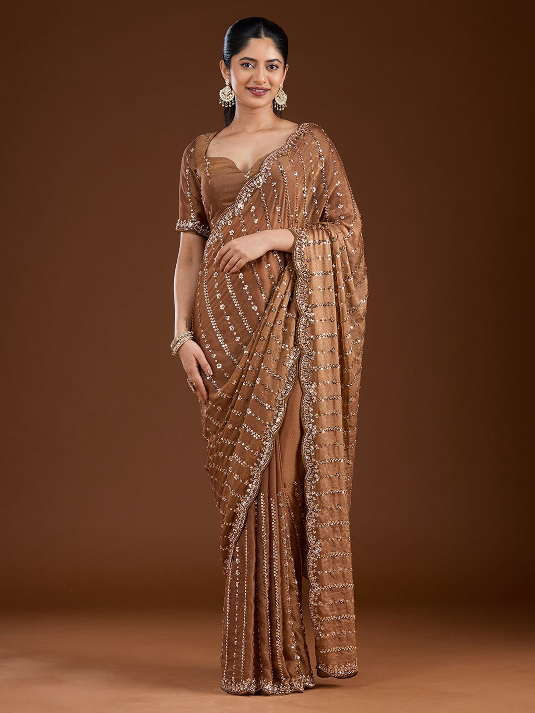 Brown Cutdana Tissue Saree-Koskii