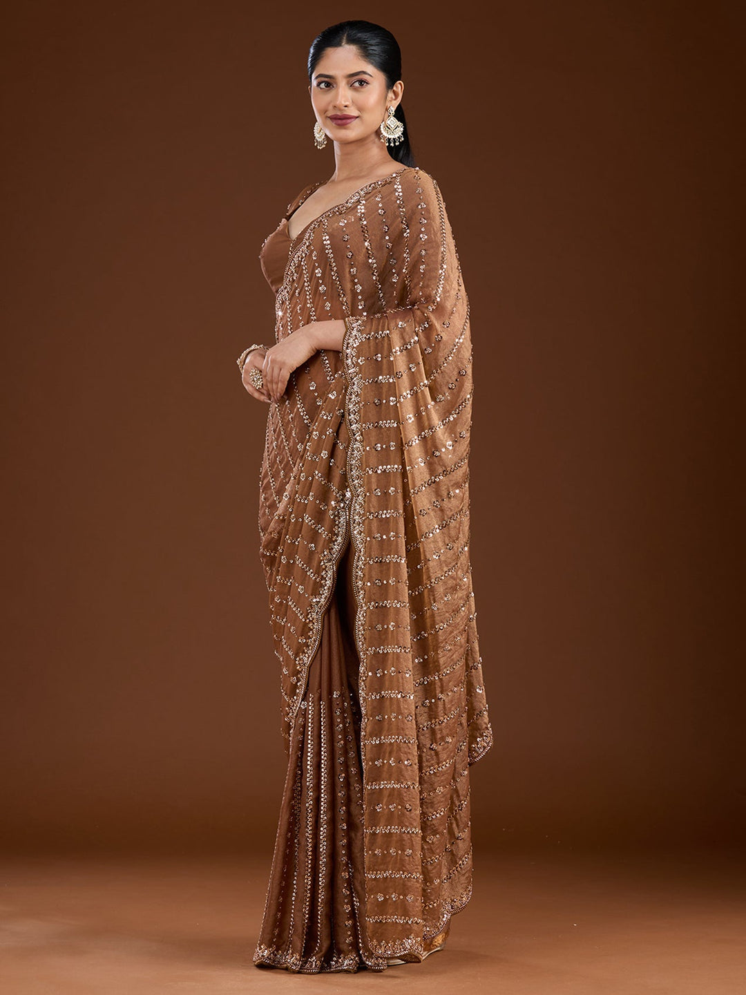 Brown Cutdana Tissue Saree-Koskii