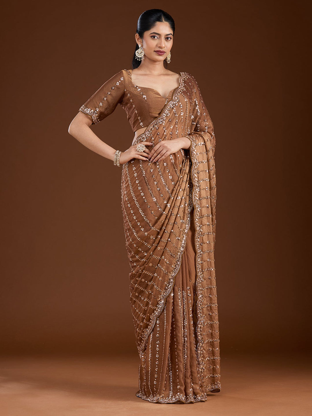Brown Cutdana Tissue Saree-Koskii
