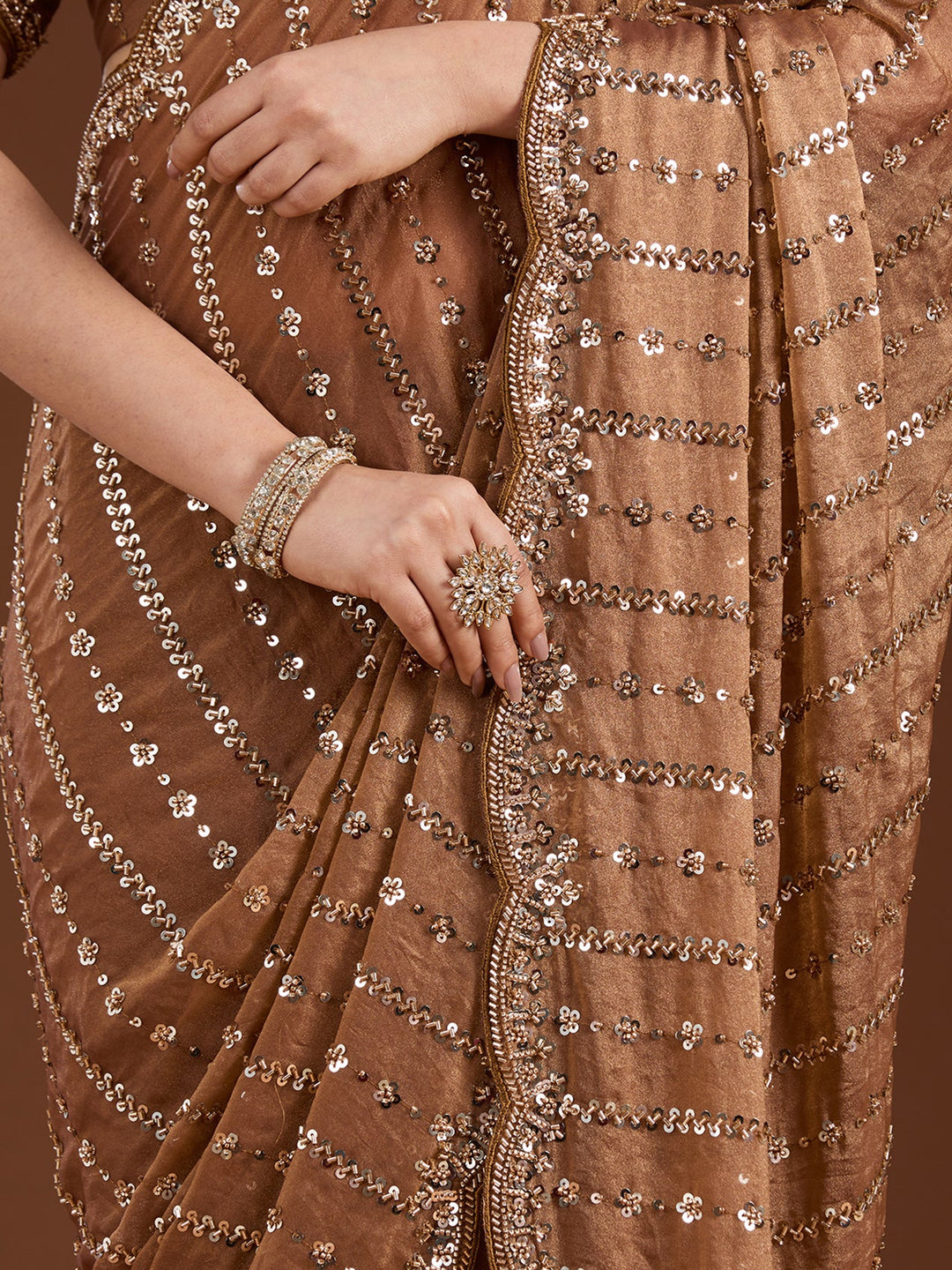Brown Cutdana Tissue Saree-Koskii