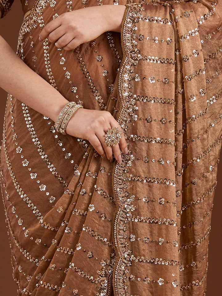 Brown Cutdana Tissue Saree-Koskii
