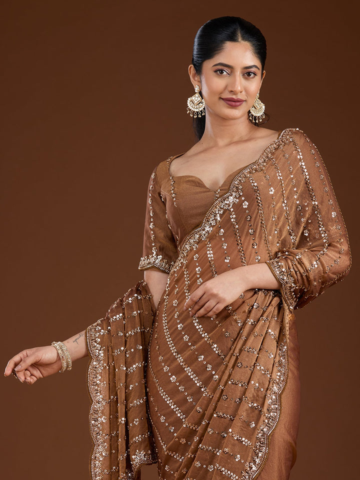Brown Cutdana Tissue Saree-Koskii