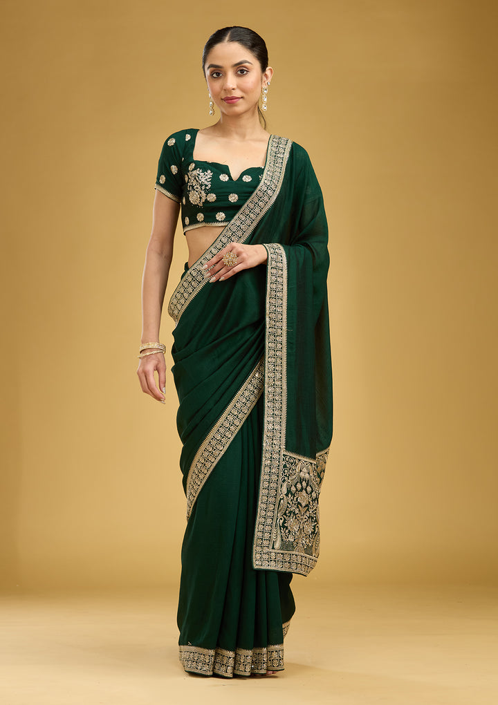 Bottle Green Zariwork (Gold) Soft Raw Silk Saree