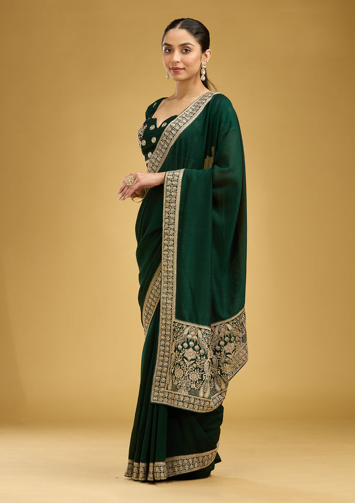 Bottle Green Zariwork (Gold) Soft Raw Silk Saree