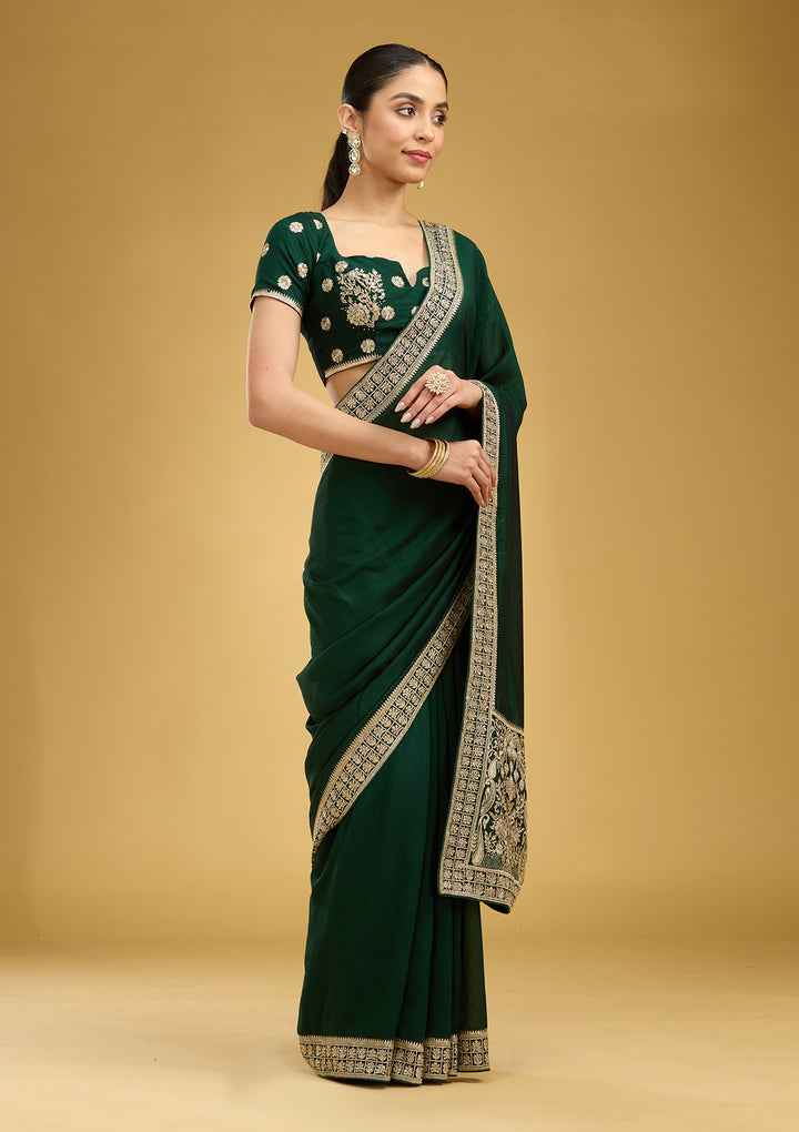 Bottle Green Zariwork (Gold) Soft Raw Silk Saree