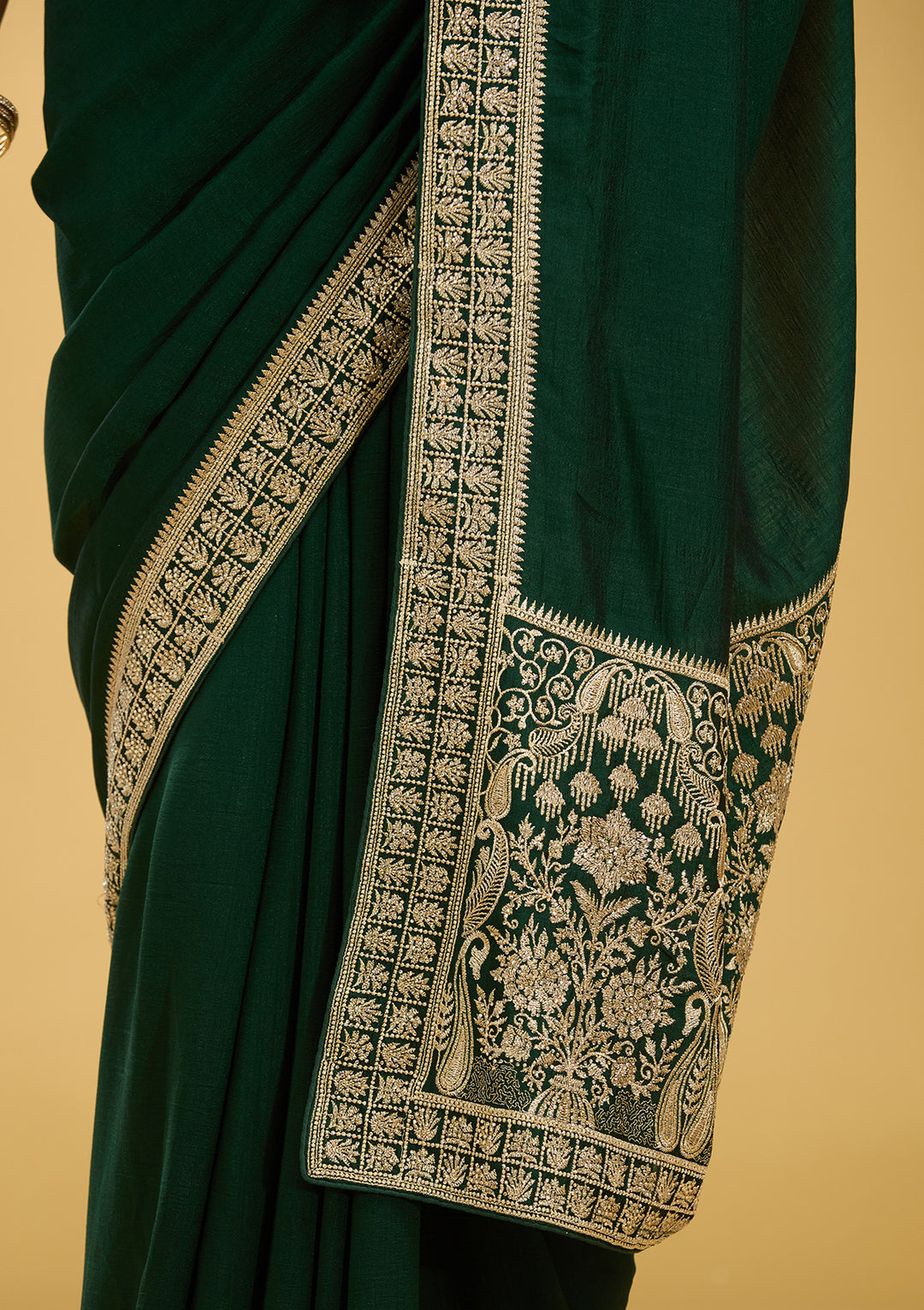 Bottle Green Zariwork (Gold) Soft Raw Silk Saree