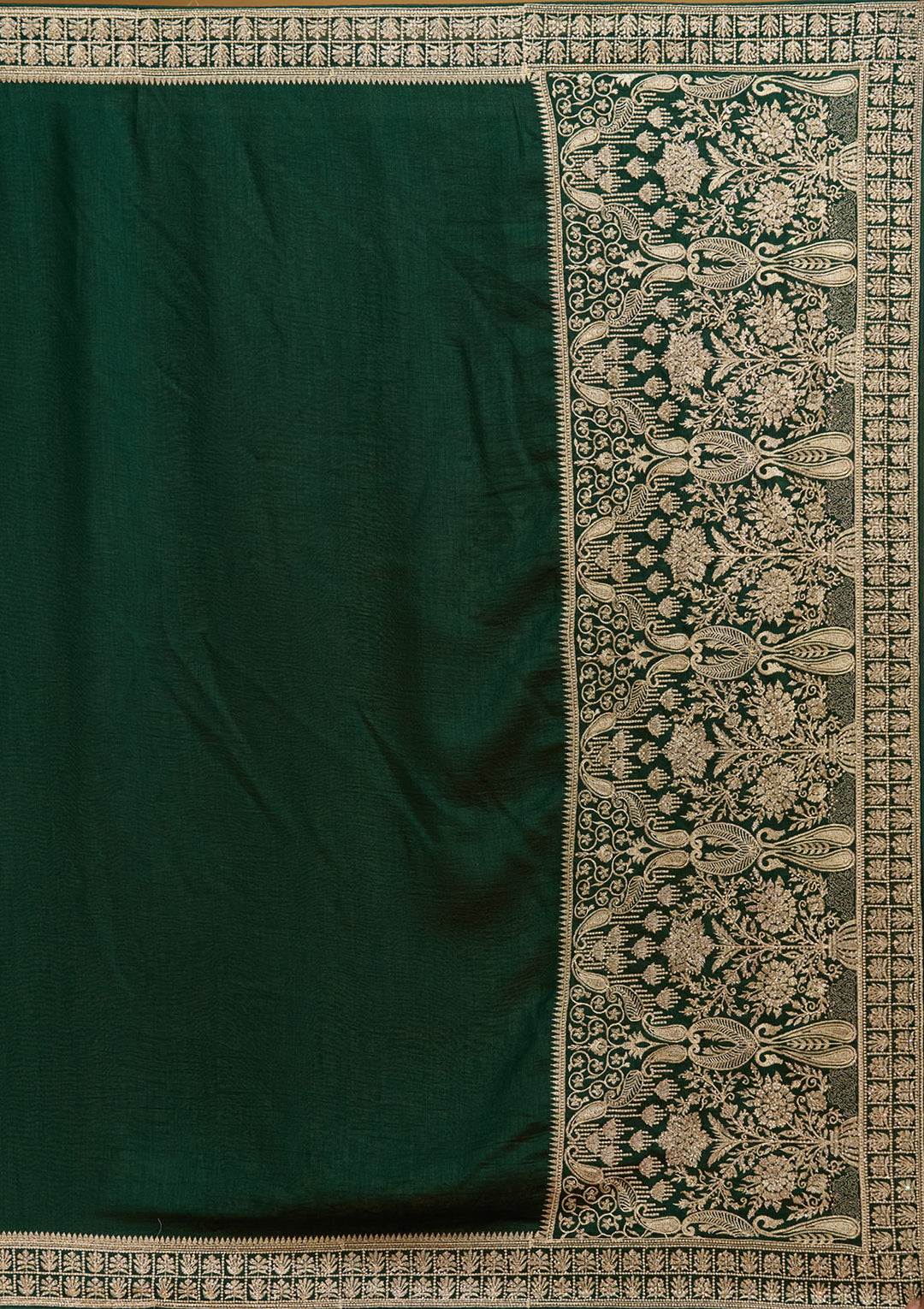 Bottle Green Zariwork (Gold) Soft Raw Silk Saree