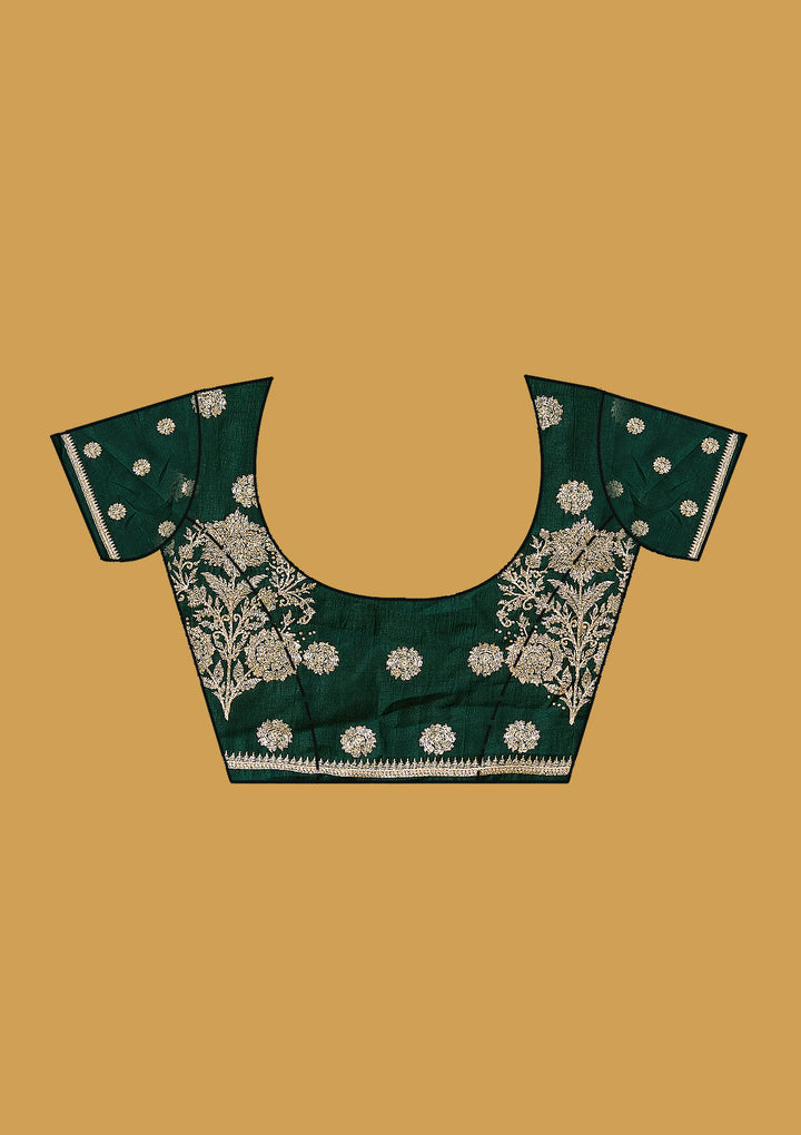 Bottle Green Zariwork (Gold) Soft Raw Silk Saree