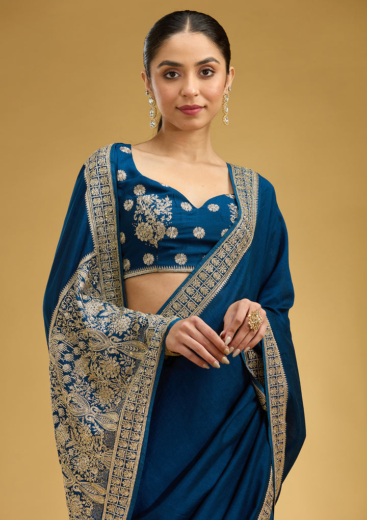 Peacock Blue Zariwork (Gold) Soft Raw Silk Saree