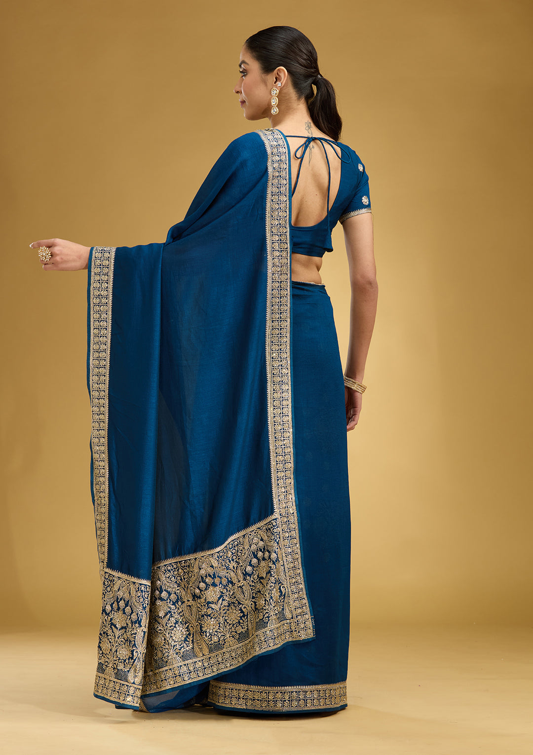 Peacock Blue Zariwork (Gold) Soft Raw Silk Saree