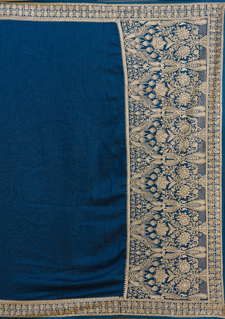 Peacock Blue Zariwork (Gold) Soft Raw Silk Saree