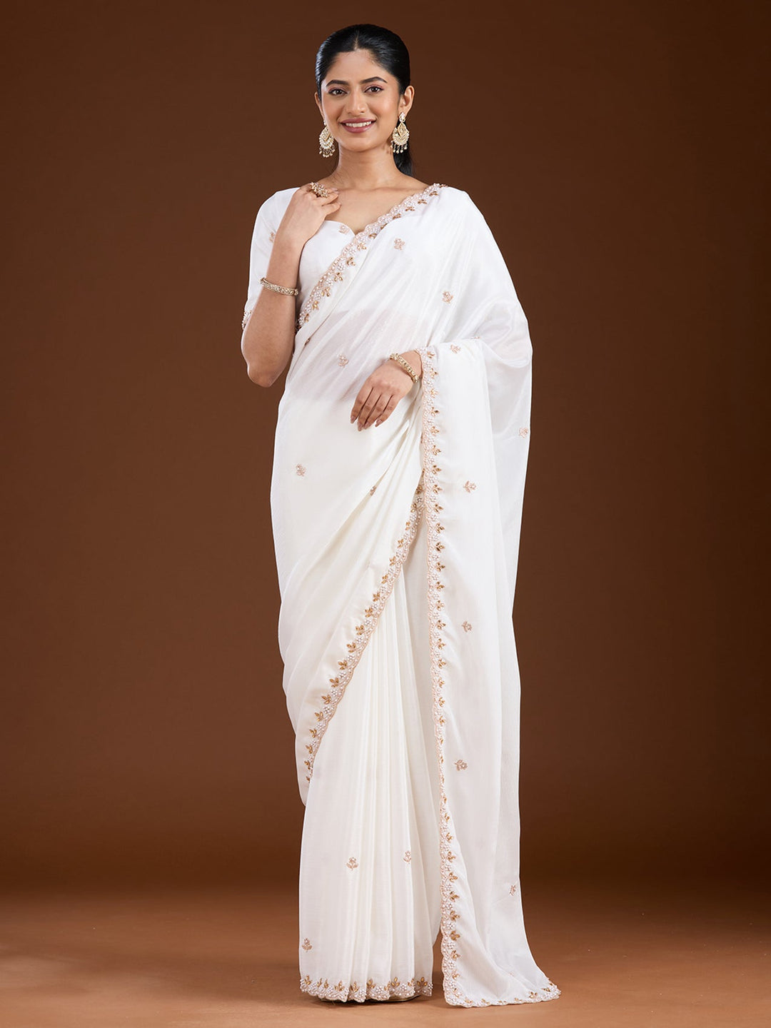 Cream Zariwork (Gold) Chinon Saree-Koskii