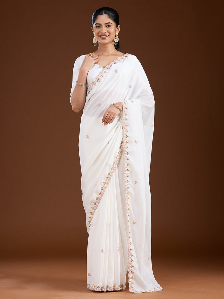 Cream Zariwork (Gold) Chinon Saree-Koskii