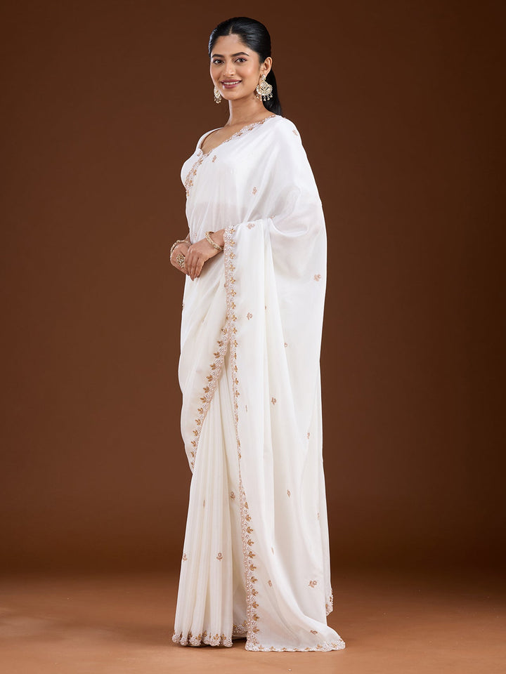 Cream Zariwork (Gold) Chinon Saree-Koskii