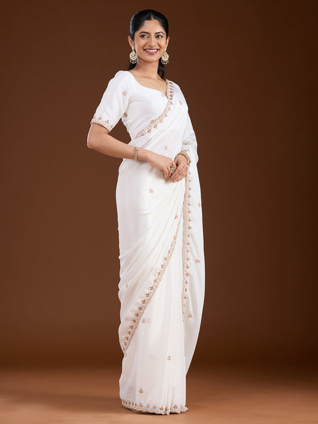 Cream Zariwork (Gold) Chinon Saree-Koskii