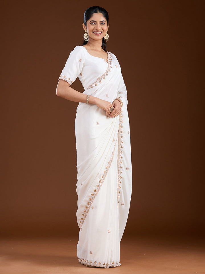Cream Zariwork (Gold) Chinon Saree-Koskii