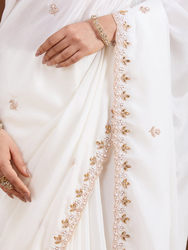 Cream Zariwork (Gold) Chinon Saree-Koskii