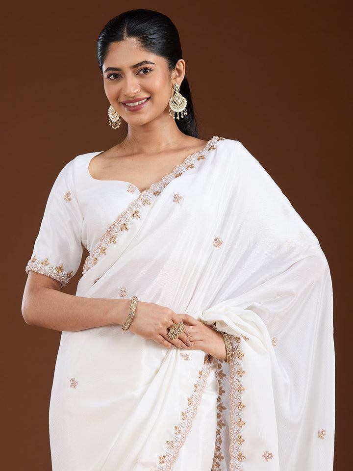 Cream Zariwork (Gold) Chinon Saree-Koskii