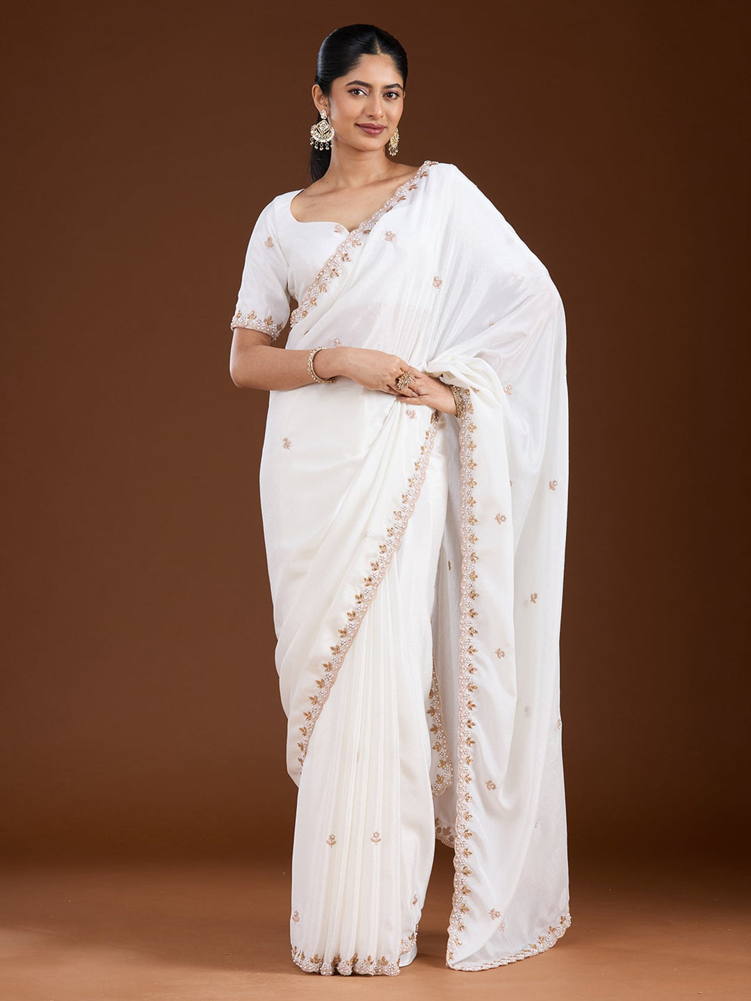 Cream Zariwork (Gold) Chinon Saree-Koskii