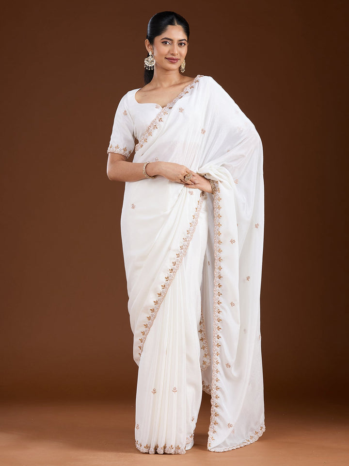 Cream Zariwork (Gold) Chinon Saree-Koskii