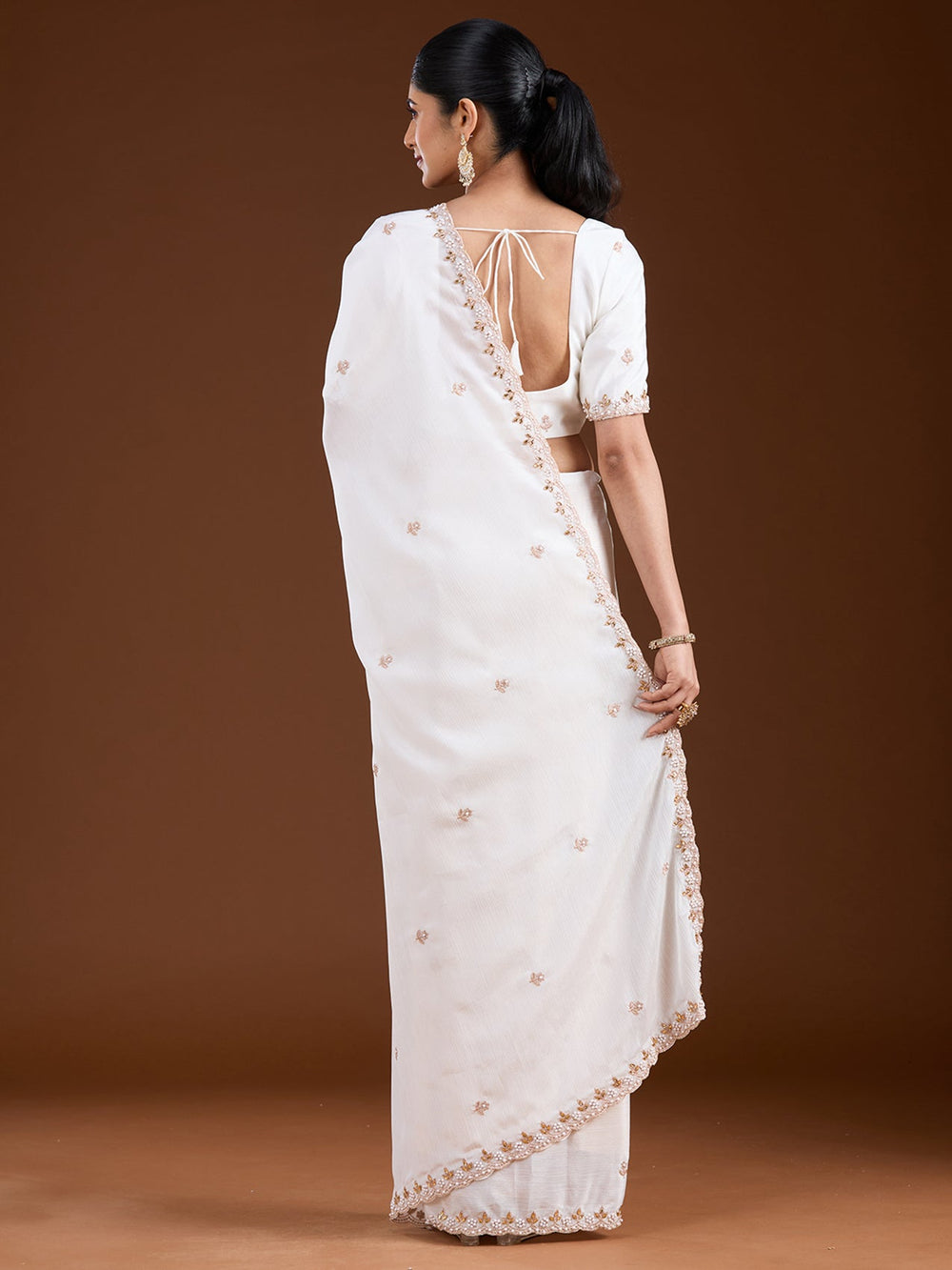 Cream Zariwork (Gold) Chinon Saree-Koskii
