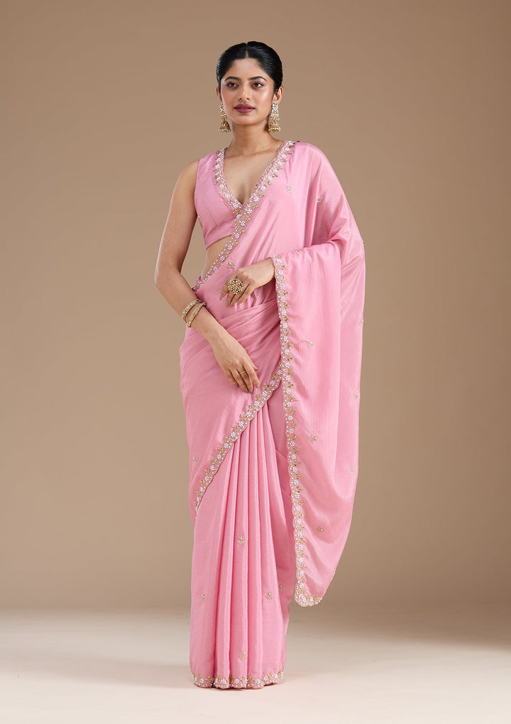 Onion Pink Zariwork (Gold) Chinon Saree_koskii