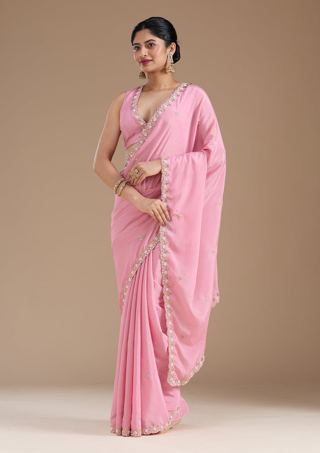 Onion Pink Zariwork (Gold) Chinon Saree_koskii