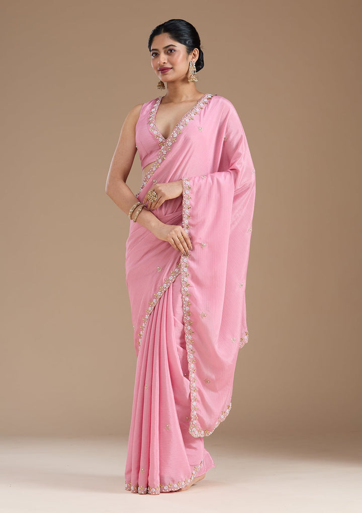 Onion Pink Zariwork (Gold) Chinon Saree_koskii