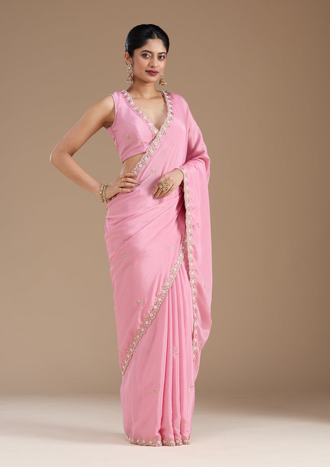 Onion Pink Zariwork (Gold) Chinon Saree_koskii