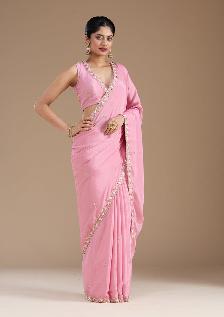 Onion Pink Zariwork (Gold) Chinon Saree_koskii