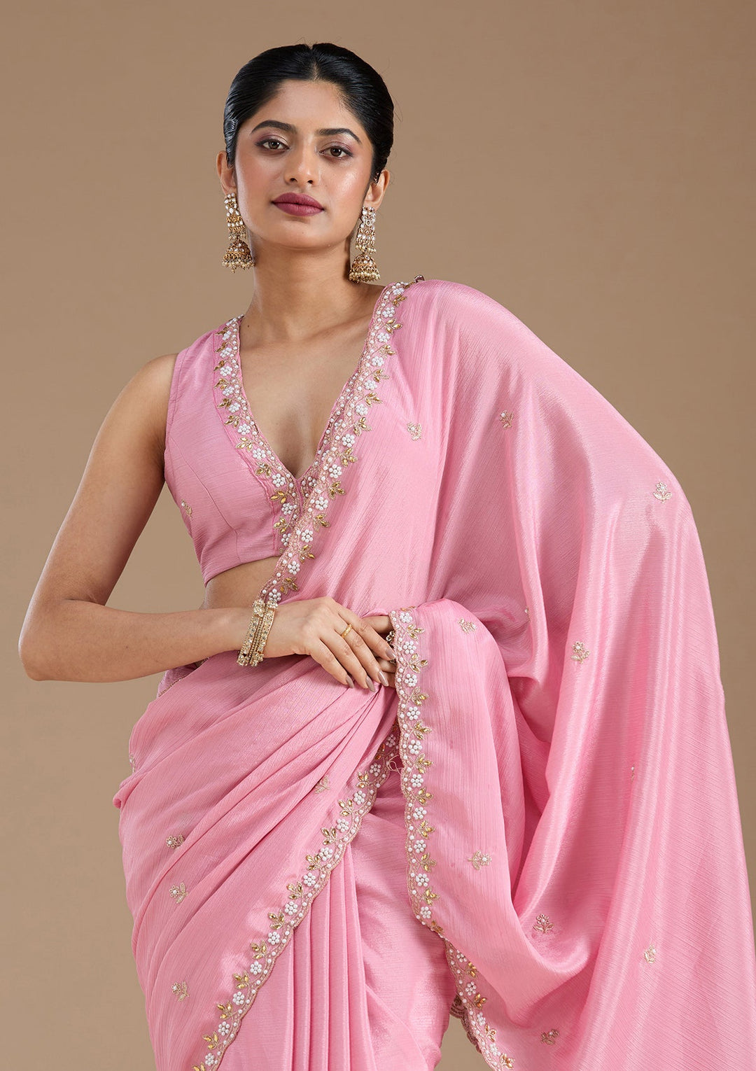 Onion Pink Zariwork (Gold) Chinon Saree_koskii