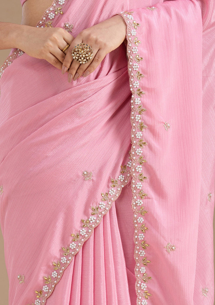 Onion Pink Zariwork (Gold) Chinon Saree_koskii