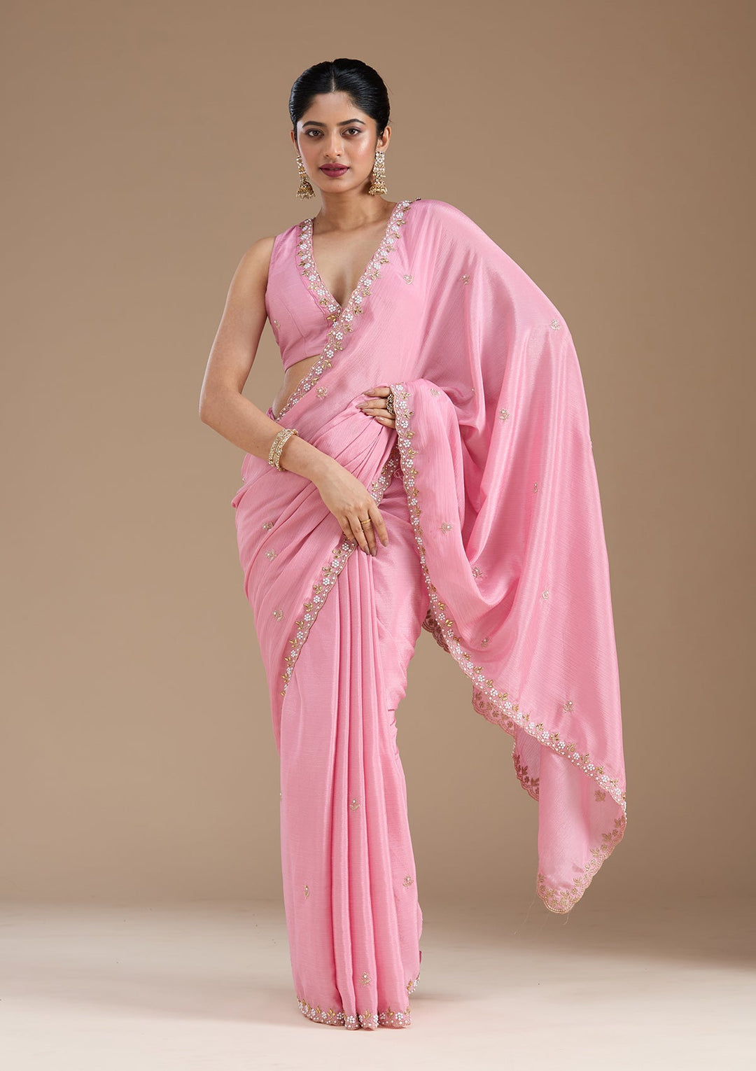Onion Pink Zariwork (Gold) Chinon Saree_koskii