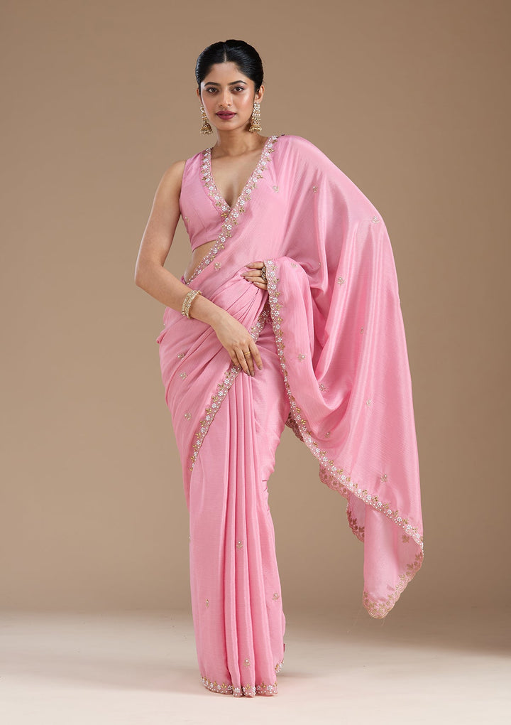 Onion Pink Zariwork (Gold) Chinon Saree_koskii