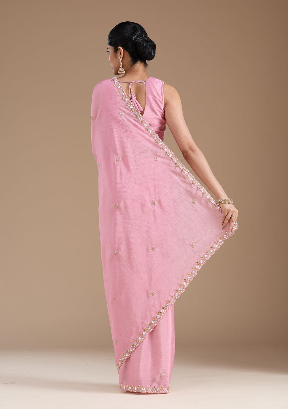 Onion Pink Zariwork (Gold) Chinon Saree_koskii